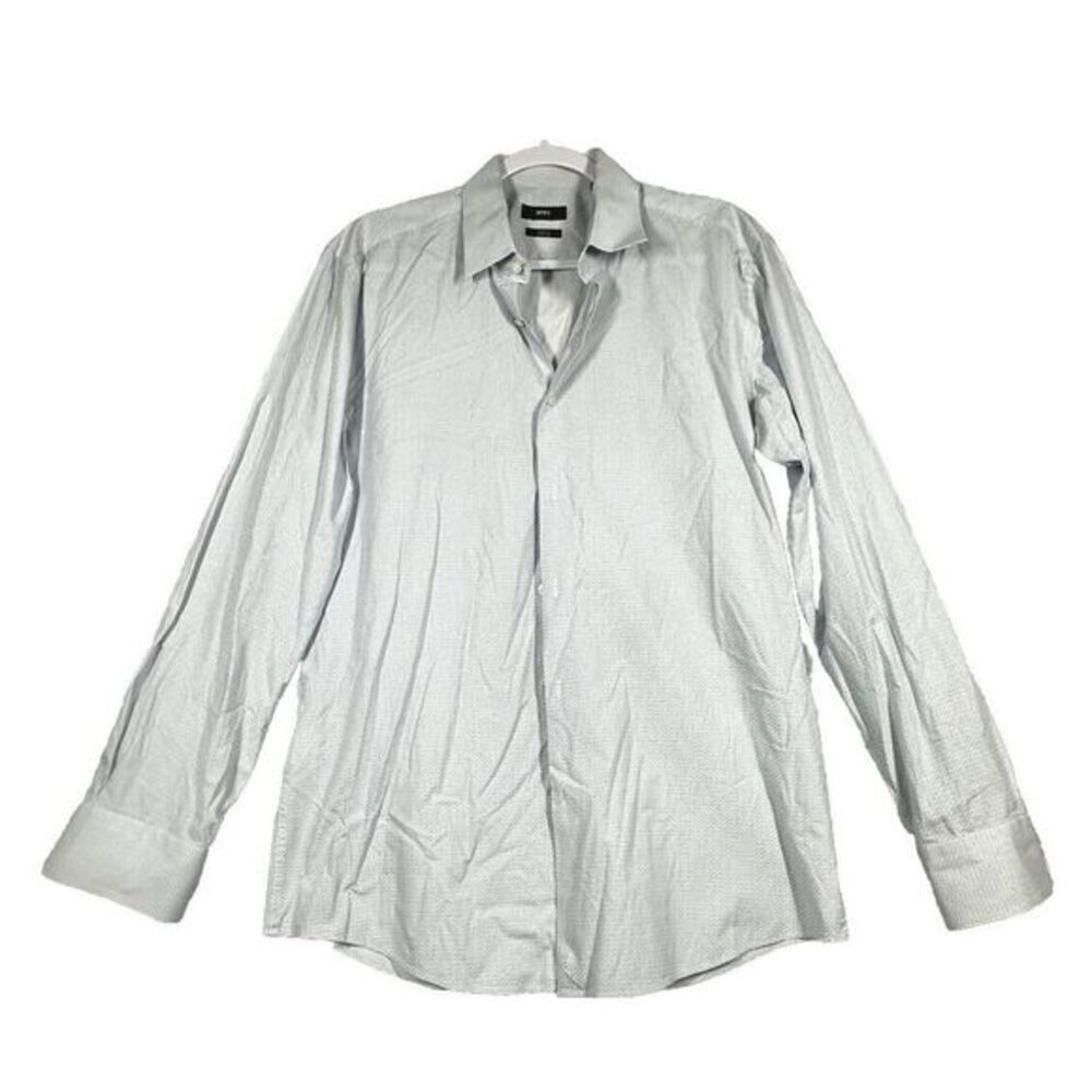 Hugo Boss Men's Light Blue Geometric Dress Shirt 42 16.5 Large slim fit Strech